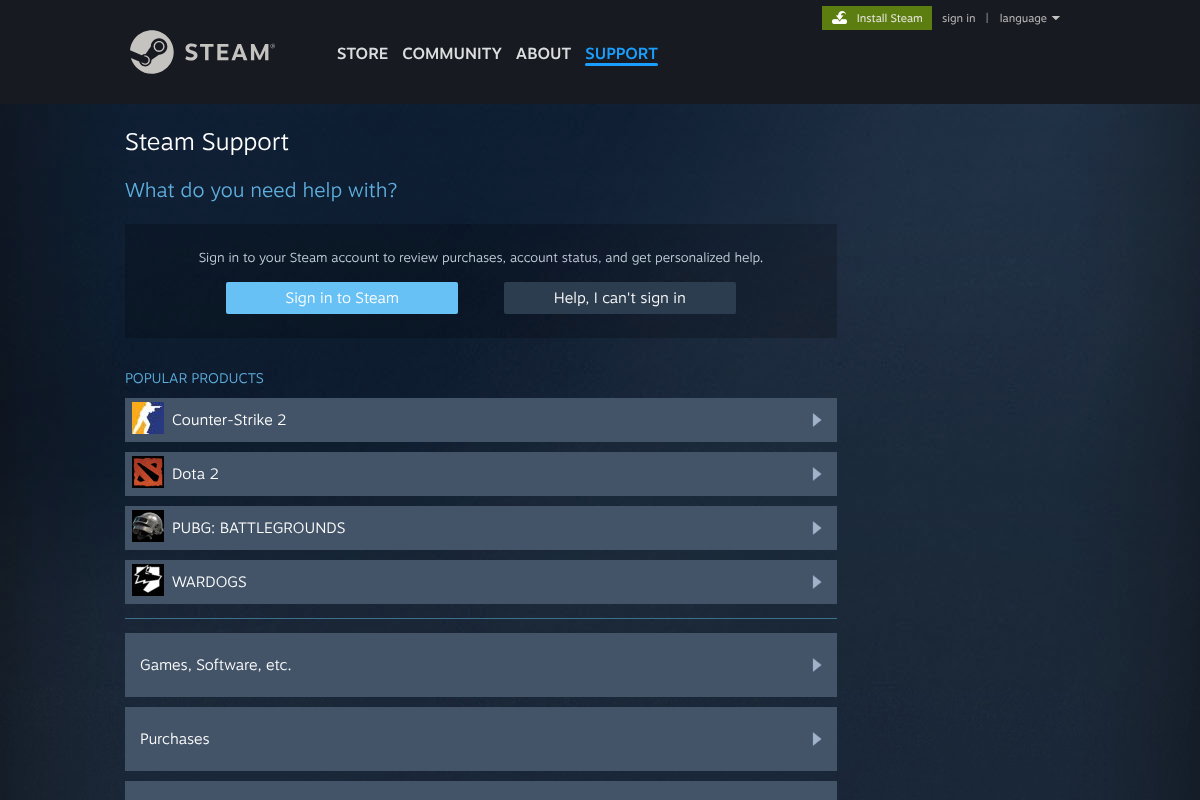 The Steam Support page asking what the user needs help with