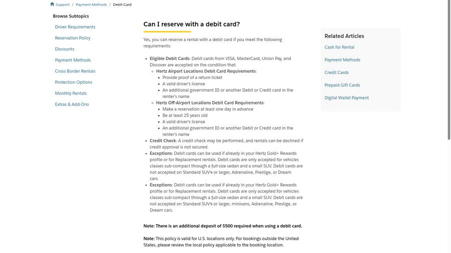 Hertz support article Can I reserve with a debit card listing airport and off-airport requirements and a note about a 500 dollar additional deposit