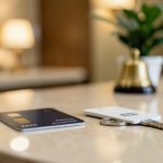 A credit card and a hotel key card resting on a reception counter, representing a hotel incidental hold