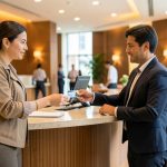A traveler at a hotel front desk handing over a card to check in