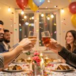 A small group of friends raising glasses in a celebratory toast around a festive table with balloons and confetti