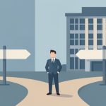 Illustration of a worker at a fork in a path with blank signposts and an office building behind