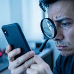 A person examines a smartphone screen through a magnifying glass at a tech desk