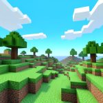 A blocky voxel terrain with cubic grass blocks, trees, and a pixelated sky
