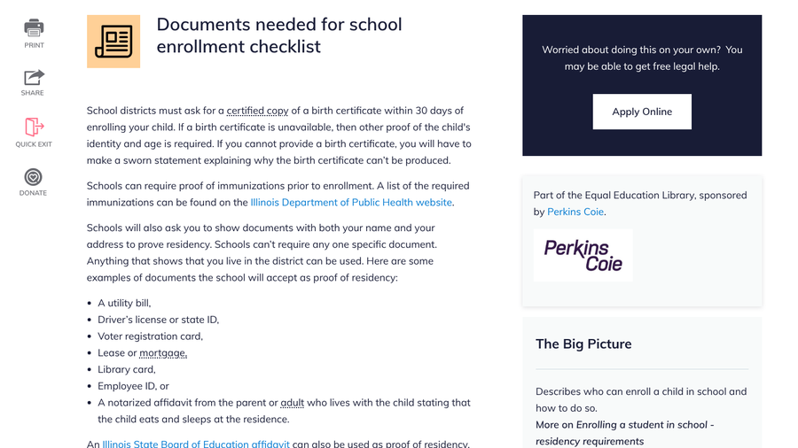Illinois Legal Aid Online checklist of documents needed for school enrollment, including birth certificate, immunizations and proof of residency