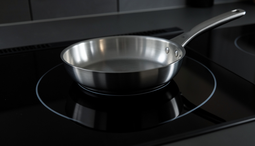 A frying pan sitting on a black glass induction cooktop, illustrating an induction cooktop that shuts off with certain pans