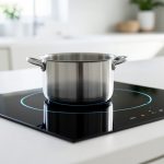 A modern kitchen with a pot heating on a black glass induction cooktop, illustrating an induction versus gas range comparison