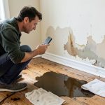 A homeowner photographing water damage on a wall and floor with a smartphone after a leak