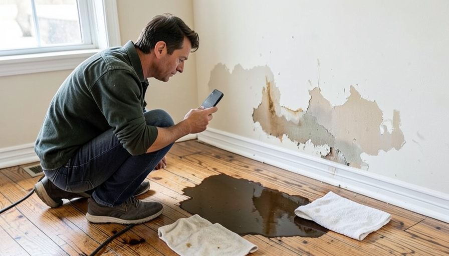 A homeowner photographing water damage on a wall and floor with a smartphone after a leak