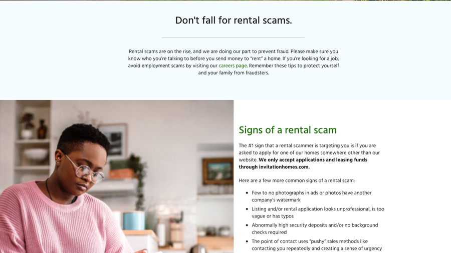 Invitation Homes fraud prevention page listing signs of a rental scam, starting with being asked to apply somewhere other than its website