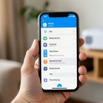 A hand holding an iPhone showing a Wi-Fi settings screen in a home setting