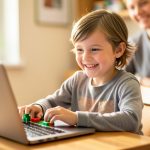 A smiling young child playing a blocky building game on a laptop while a parent watches nearby