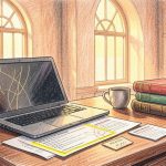 Colored pencil illustration of a library study table with an open laptop, a highlighted syllabus page, index cards, a coffee cup and a stack of books under arched windows