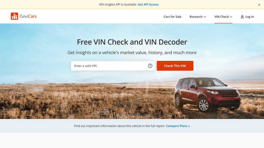 iSeeCars Free VIN Check and VIN Decoder page with a VIN entry box