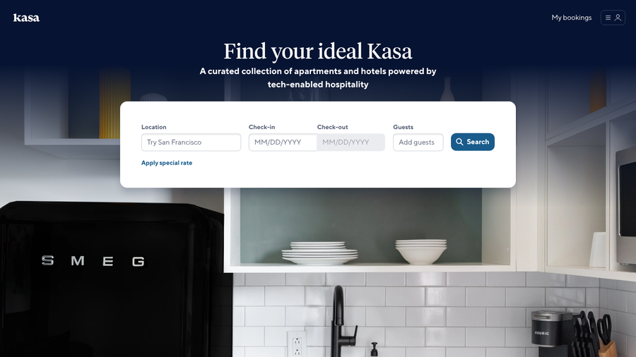 Kasa homepage with the headline Find your ideal Kasa and a search box for apartments and hotels powered by tech-enabled hospitality