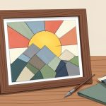 Illustration of a framed fabric-mosaic scene made of colorful tucked cloth pieces beside a tucking tool