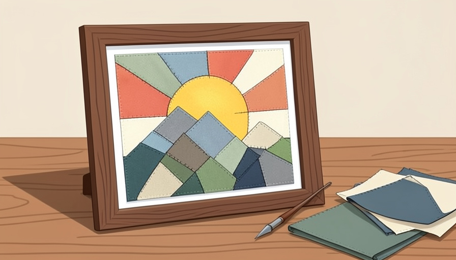 Illustration of a framed fabric-mosaic scene made of colorful tucked cloth pieces beside a tucking tool