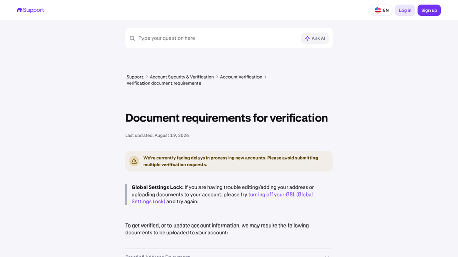Kraken support page Document requirements for verification, last updated August 19, 2026, with a Proof of Address Document section