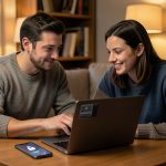 A couple setting up a family password manager on a laptop, granting emergency access to each other