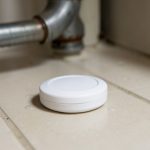 A small round water leak sensor puck sitting on the floor next to a pipe under a sink