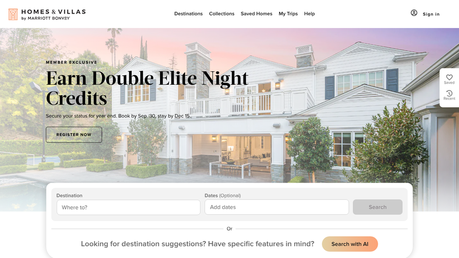 Homes and Villas by Marriott Bonvoy homepage showing a large white vacation home and a destination search box