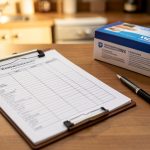 A printed medication list on a clipboard beside a pill organizer on a kitchen table