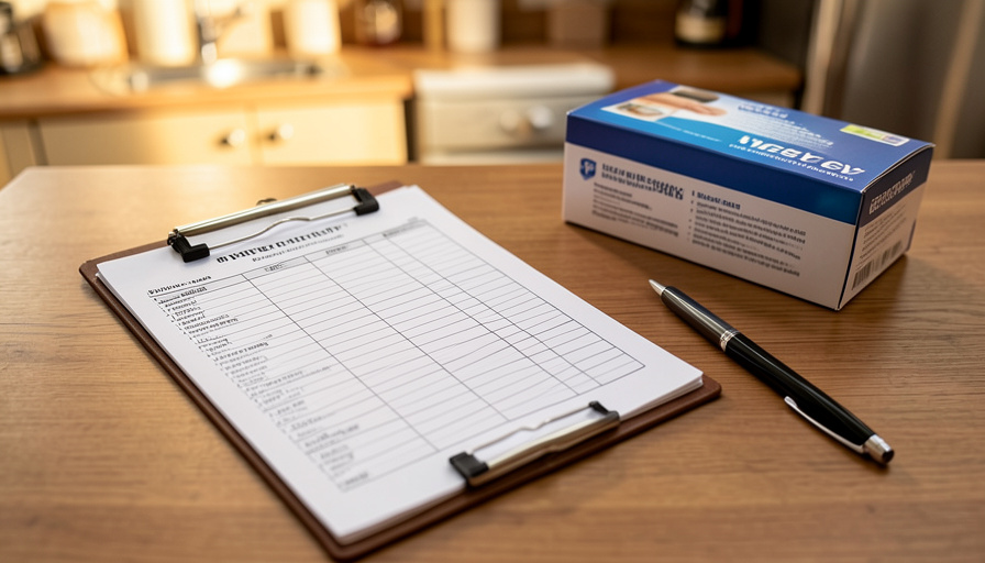 A printed medication list on a clipboard beside a pill organizer on a kitchen table