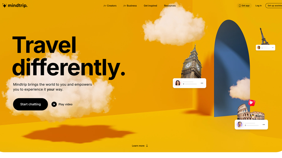 Mindtrip homepage with the headline Travel differently. and a Start chatting button beside landmark illustrations