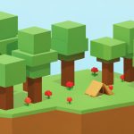 Blocky voxel-style forest with cube trees, red shrubs, and a small tent campsite