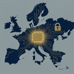 Illustration of Europe drawn from circuit-board lines with a glowing microchip at the center and a padlock