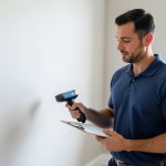A home inspector with a clipboard and moisture meter checking a wall near a baseboard during a home inspection