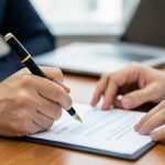 Close-up of a person signing a formal contract with a fountain pen while another person points to the document