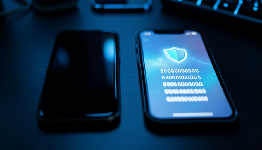 Two smartphones side by side, one dark and off, the other showing an abstract two-factor code screen with a shield icon