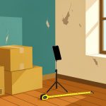 Mid-century modern illustration of an empty sunlit apartment with moving boxes, a phone on a tripod aimed at a scuffed wall, a tape measure on the floor and a potted plant