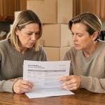 A couple reviewing a moving company estimate on paper at a kitchen table surrounded by packing boxes