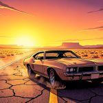 A stylized post-apocalyptic desert highway at sunset with a lone muscle car, evoking a comic-book dystopia