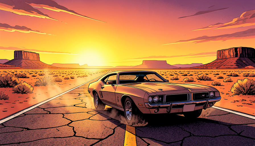 A stylized post-apocalyptic desert highway at sunset with a lone muscle car, evoking a comic-book dystopia