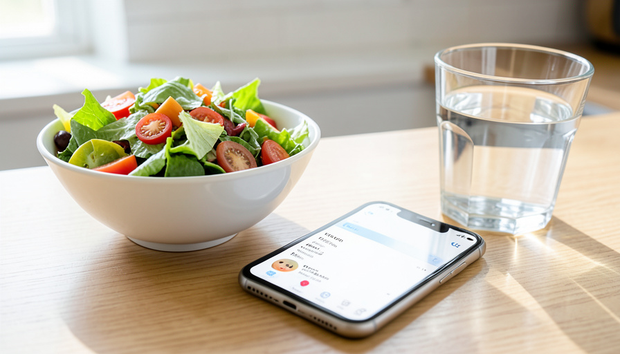 A phone showing a simple food diary app next to a bowl of healthy food on a kitchen table