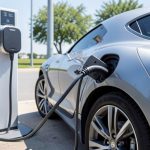 An electric vehicle plugged into a fast charger at a charging station with the charge port lit