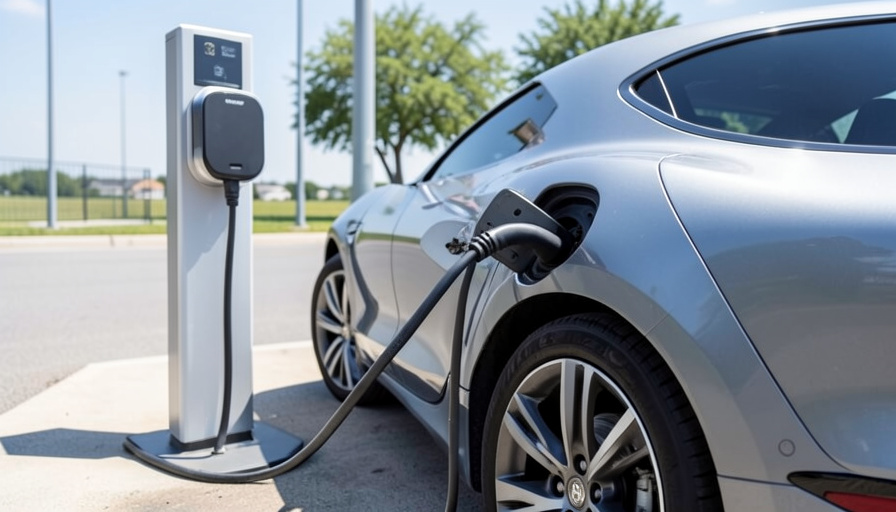 An electric vehicle plugged into a fast charger at a charging station with the charge port lit