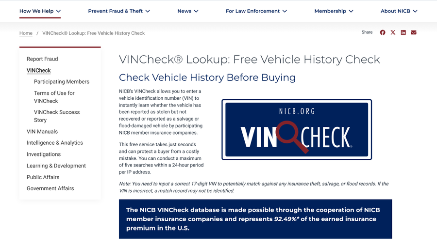NICB VINCheck Lookup page explaining the free check for stolen, salvage and flood-damaged vehicle records from participating insurers