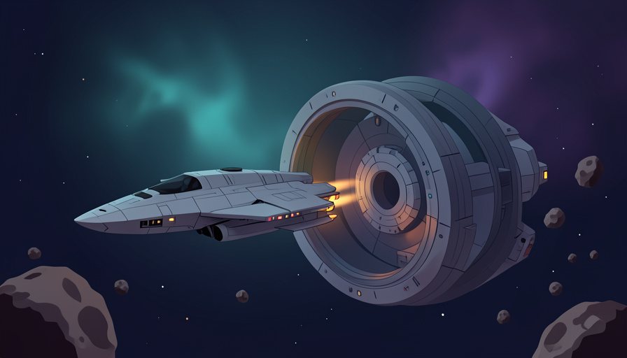 Illustration of a starship approaching a large ringed space station among asteroids with a teal and violet nebula