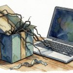 Watercolor and ink illustration of an open gift box on a desk with dark tangled vines creeping out of it and across a laptop keyboard