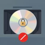 Illustration of a padlocked CD in a computer drive marked with a red no-entry circle