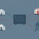 Illustration of one server node connected by lines to a government building, a hospital, and a power pylon