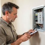 A homeowner reading the label inside an open electrical panel while holding a notepad