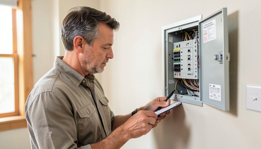 A homeowner reading the label inside an open electrical panel while holding a notepad