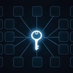 An abstract glowing key icon over a network of connected app tiles, representing passkey adoption across services