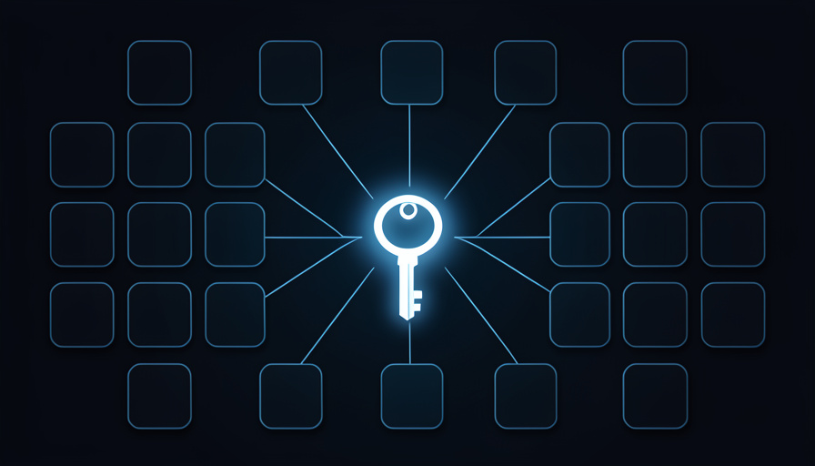 An abstract glowing key icon over a network of connected app tiles, representing passkey adoption across services