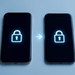 An old phone and a new phone side by side with a login lock icon, representing account access when migrating devices